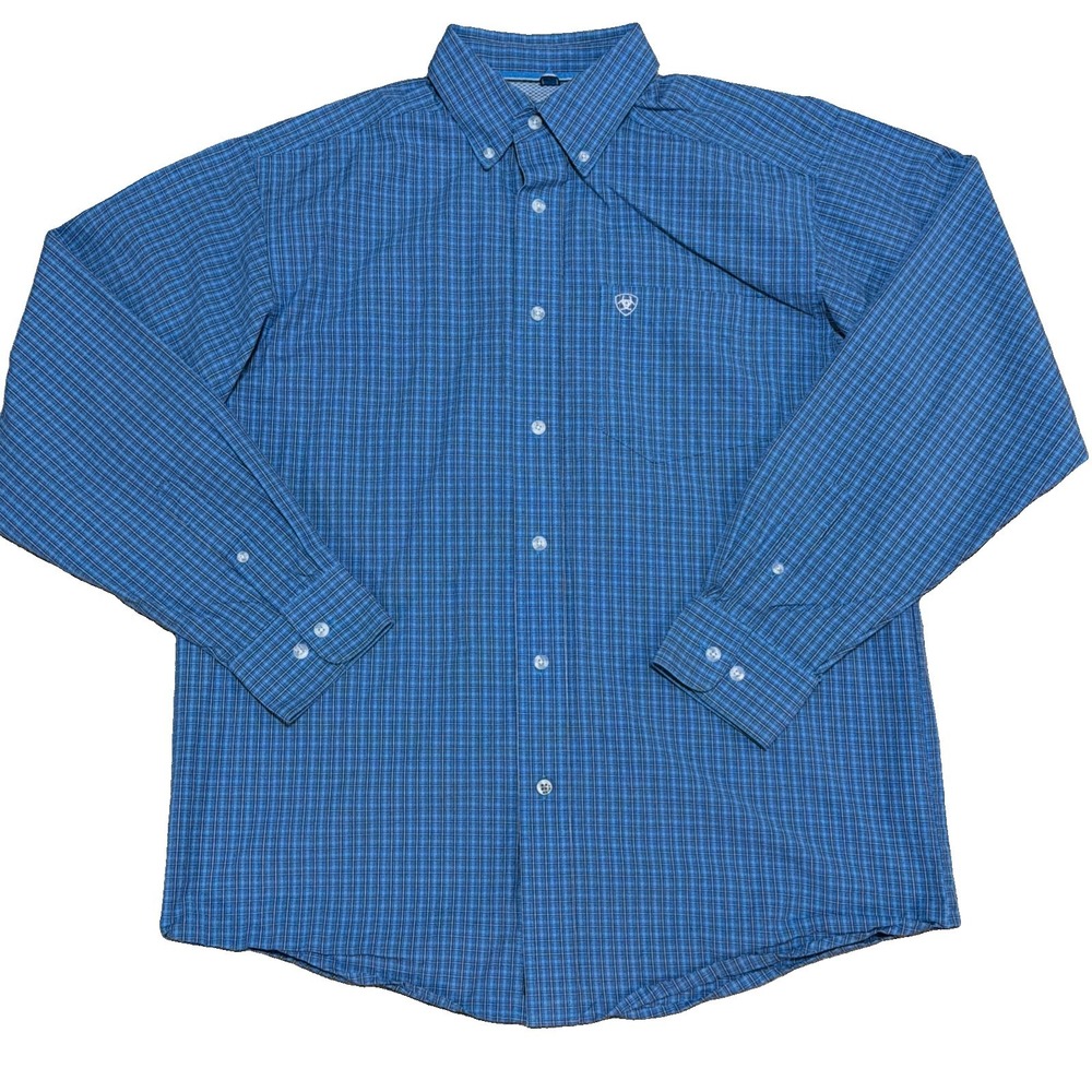 Ariat Pro Series Men's Button Down Shirt M Blue Plaid Long Sleeve Pocket - Picture 1 of 12